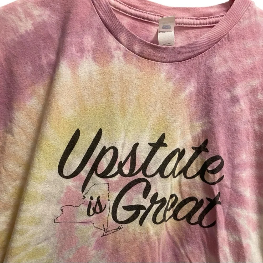 BODCOMPLEX Upstate Is Great Tie-Dye Graphic Women's Crop Top T-Shirt Size L NY - Picture 3 of 6